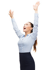 Image showing laughing businesswoman waving hands