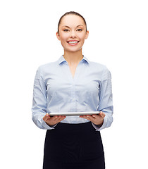 Image showing young businesswoman with blank tablet pc screen