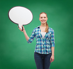 Image showing smiling young woman with blank text bubble