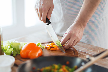 Image showing close up of male hand cutting pepper on board