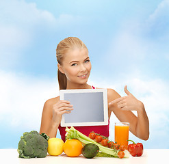 Image showing woman with fruits, vegetables and tablet pc