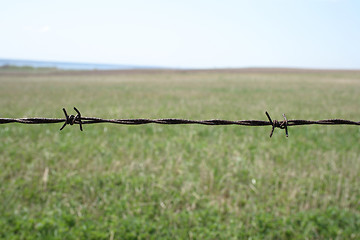 Image showing Rusty barbed wire fence detail