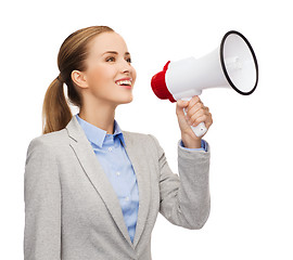 Image showing smiling businesswoman with megaphone