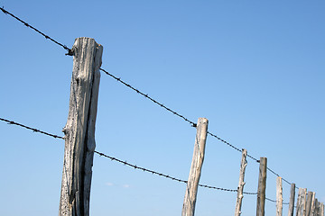 Image showing Barbed wire farm fence against blue sky