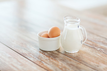 Image showing close up of jugful of milk and eggs in a bowl