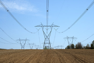 Image showing Electricity pylons in farmland