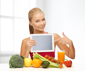 Image showing woman with fruits, vegetables and tablet pc