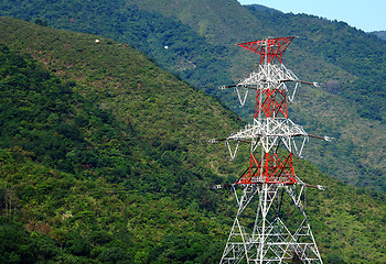 Image showing Power distribution tower on mountain