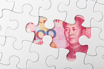 Image showing Incomplete puzzle over chinese yuan banknote background