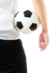 Image showing Backward of businessman holding soccer ball