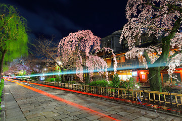 Image showing Gion in Kyoto with traffic trail and sakura tree