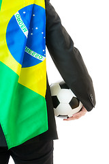 Image showing Rear view of businessman with soccer ball and Brazil flag