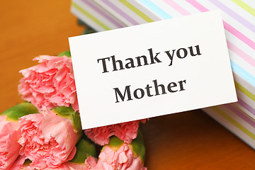 Image showing Thank you card mother with carnation and gift box