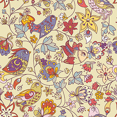 Image showing Seamless texture with flowers and birds