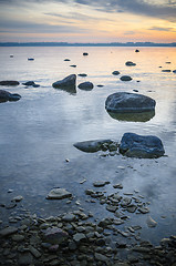 Image showing Beautiful sunrise on the sea. Views of Tallinn.