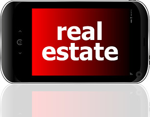 Image showing digital smartphone with real estate words, business concept