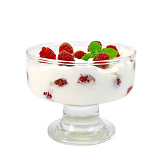 Image showing Yogurt thick with raspberries in glass bowl