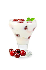 Image showing Yogurt thick with cherry in glass sundae dish