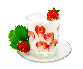 Image showing Yogurt thick with strawberries in glass on saucer