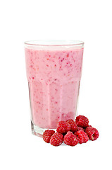 Image showing Milkshake with raspberries in a glass
