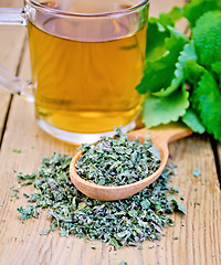 Image showing Herbal tea of mint leaves on spoon with mug