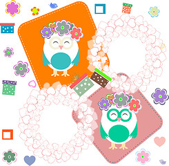 Image showing birthday party elements with cute owls, birds and love hearts