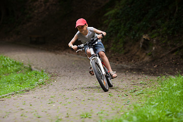 Image showing Boy racing on bike through green park