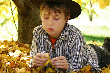 Image showing Boy in autumn leaves foliage