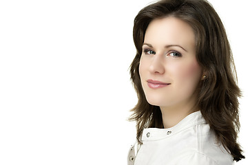 Image showing Brunette woman with white leather jacket