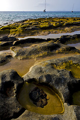 Image showing boat   lanzarote    coastline rock beach     summer 