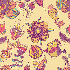 Image showing Seamless texture with flowers and birds