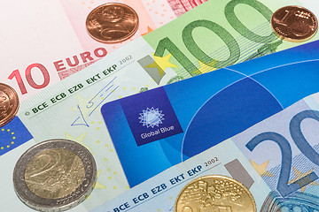 Image showing European currency notes and coins with Tax Free plastic card