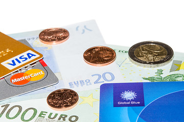 Image showing Credit and Tax Free cards on Euro banknotes with coins