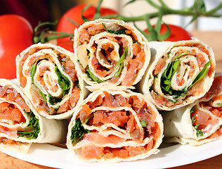 Image showing Lavash rolls with salmon