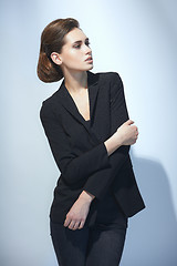 Image showing Fashion woman in black suit