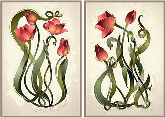 Image showing Tulip flowers border. Greeting card with tulips. Colorful fresh 