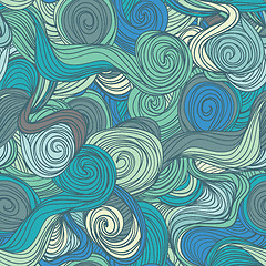 Image showing Seamless abstract hand-drawn blue waves pattern