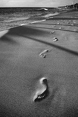 Image showing Footprints in sand beach black and white