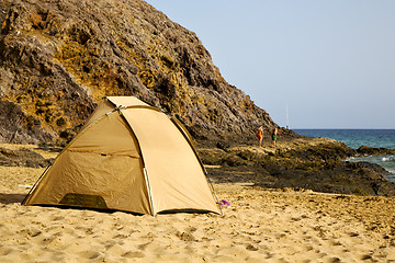 Image showing tent coast lanzarote  in spain   yacht boat  and summer 