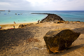 Image showing surf yacht pier  water  boat coastline and summer  lanzarote spa