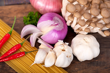 Image showing Italian pasta and mushroom sauce ingredients