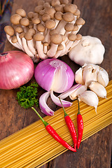 Image showing Italian pasta and mushroom sauce ingredients