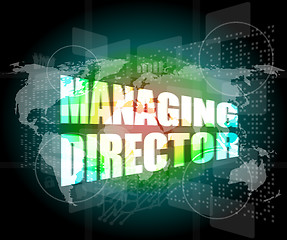 Image showing managing directors words on digital screen background with world map