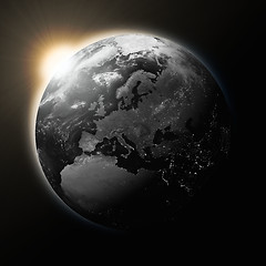 Image showing Sun over Europe on dark planet Earth