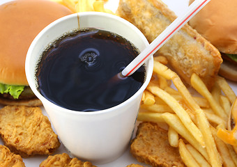 Image showing Hamburgers fried potatoes and drink