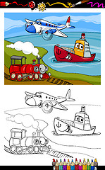 Image showing cartoon plane train ship coloring page