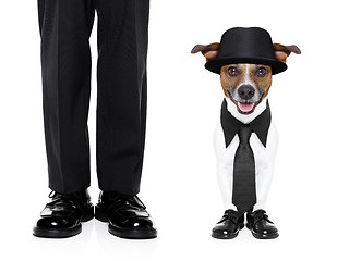 Image showing tuxedo dog and owner 