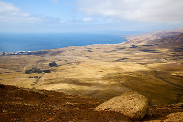 Image showing coastline  top in  spain africa and house field 