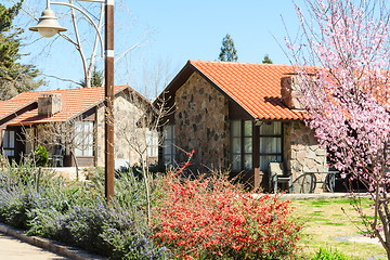 Image showing Guesthouses row on spring walkway