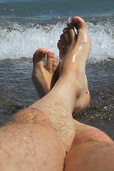 Image showing my legs in blue sea 
